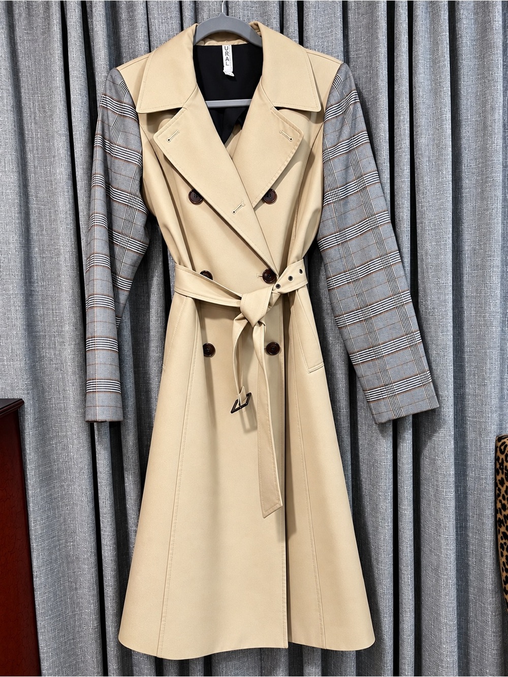 Mural Colorblock Plaid Sleeve Trench Coat Belted Beige Gray Size L